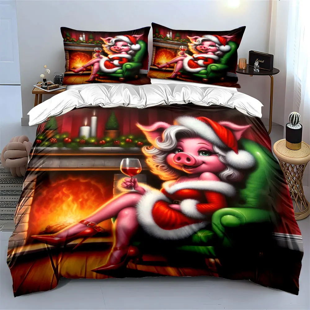 A pig in Santa attire relaxes holding a glass of wine. Print Duvet Cover Bedding Set Included 1*Duvet Cover 2*Pillowcases