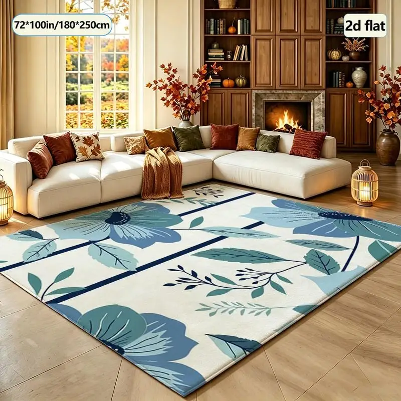 1 piece of blue floral and leaf stripe pattern carpet, soft and comfortable, all-season, lightweight, easy to maintain, home decor, living room, bedroom, entryway, autumn, winter
