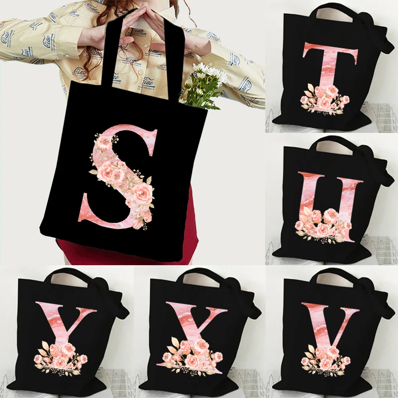 

Fashion Trend Black Canvas Handbags Pink Sakura Alphabet Aesthetics Graphic Tote Bag Teenager Student Women Flower Shoulder Bag