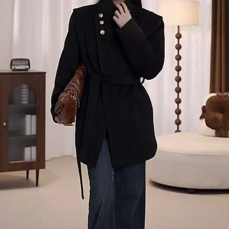 Fashion and Casual Temperament Autumn and Winter Thin Long-sleeved Padded Cotton Medium and Long Woolen Jacket