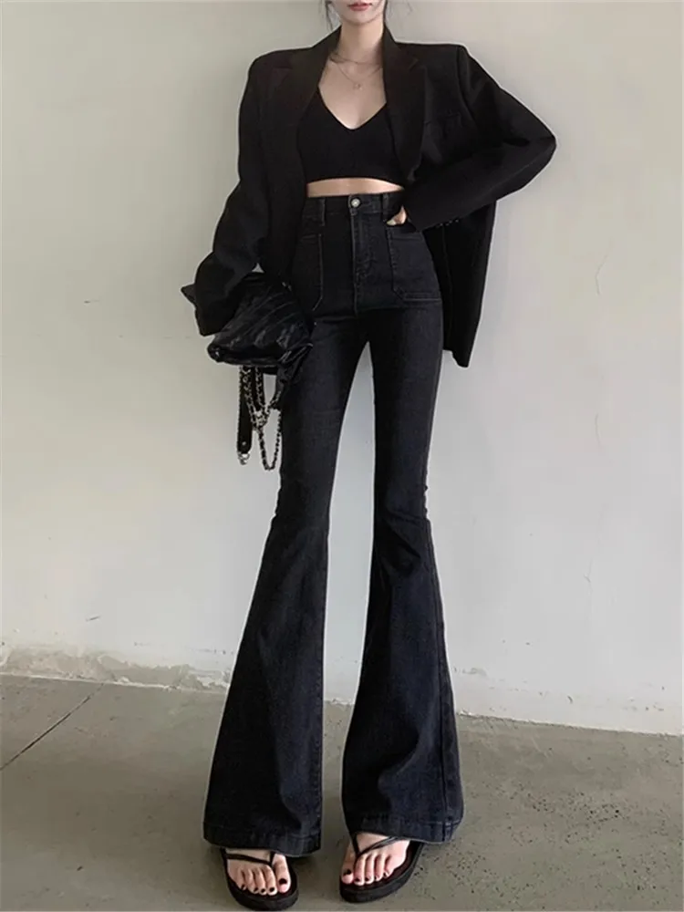

American Retro High Street Black Flared Jeans Women's Spring Autumn High Waist Slim Tall Extended Hoof Pants