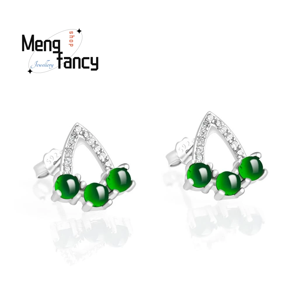 S925 Silver With Natural A-goods Jadeite Positive Green Triangle Earring Exquisite Elegant Sexy Young Girls Fashion Fine Jewelry