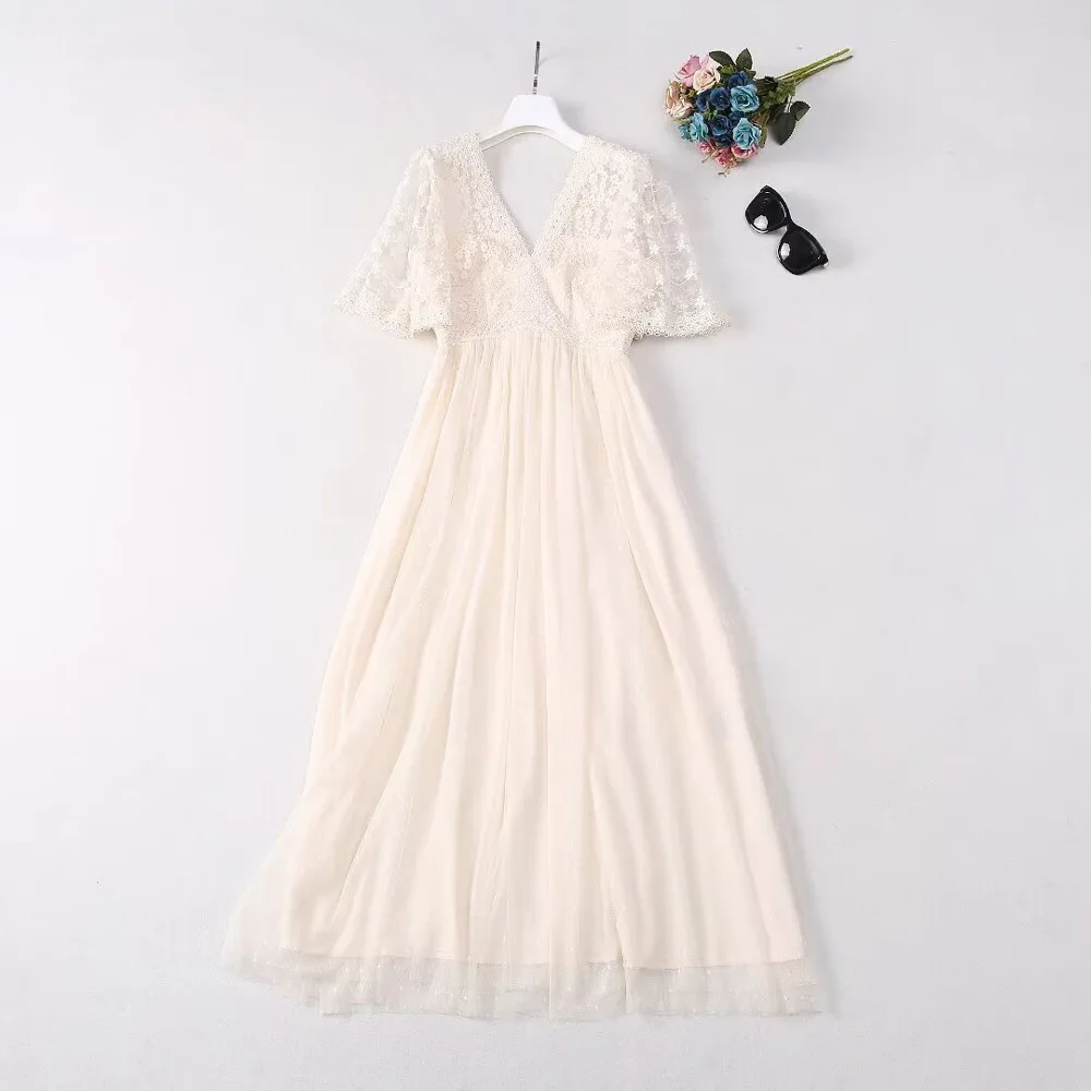 

European and American women's clothing 2024 summer new V-neck Short sleeve lace patchwork mesh fashion Pleated dress XXL