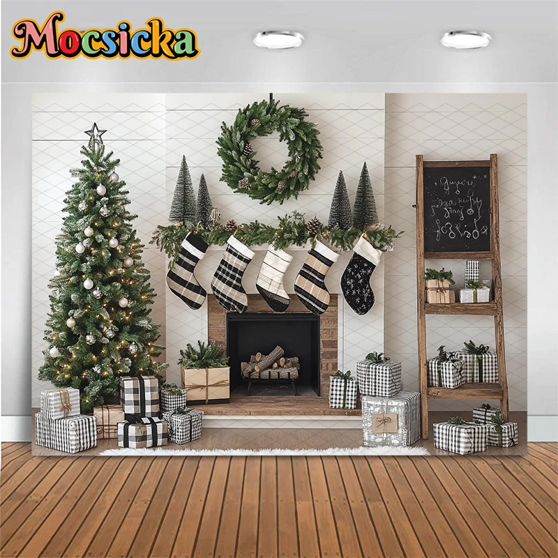 Mocsicka Weihnachten Fotografie Hintergrund Kind Familie Festival Party Hintergrund Home Weihnachtsbaum Weiß Kamin Muster Dekor Banner