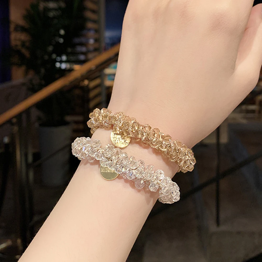 Bando mutiara versi Korea, gelang temperamen sederhana penggunaan ganda pita karet kristal ikat kepala manis Aksesori rambut