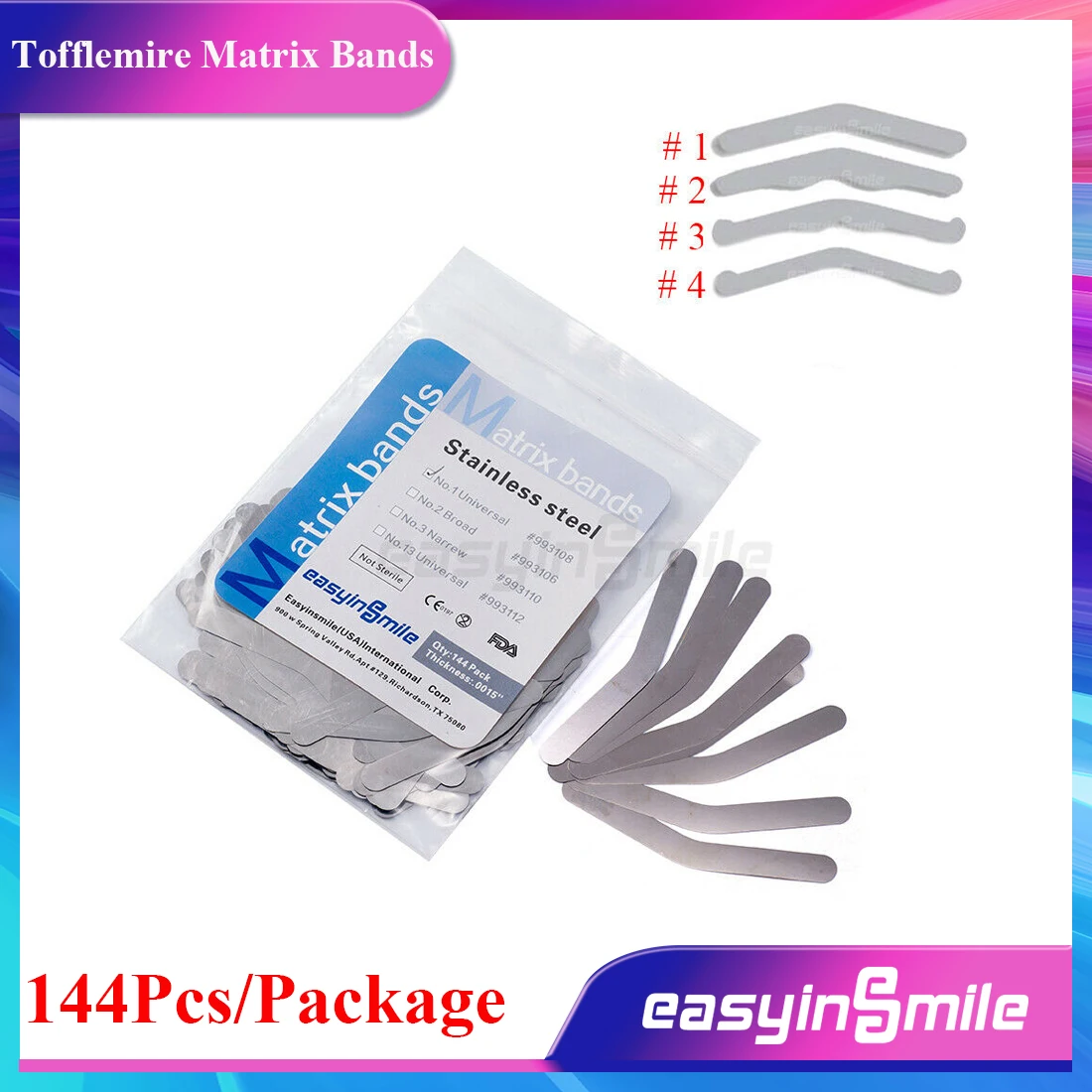 EASYINSMILE 144 قطعة الأسنان العالمي مصفوفة العصابات Tofflemire الفولاذ المقاوم للصدأ العصابات. 0015 4 نوع (#1/#2/#3/#4) 0.04 مللي متر