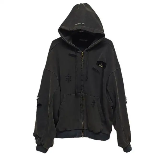 Washed Black Damaged Antique Hole Double Zipper Sweatshirt for Women Korean Style Hoodie Coat PROJECT