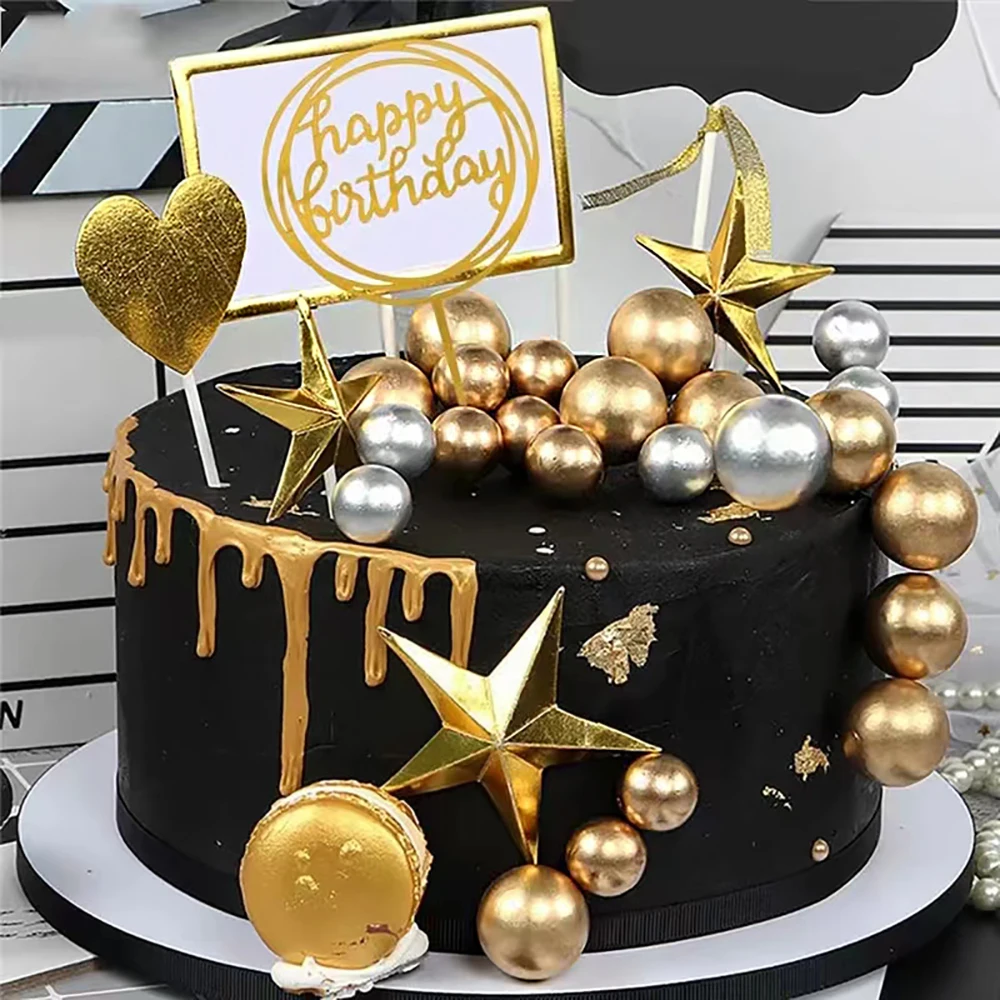 20Pcs Cake Topper Gold Silver Ball Happy Birthday Cake Topper DIY Cupcake Flag Wedding Christmas Ball Decor Birthday Decoration