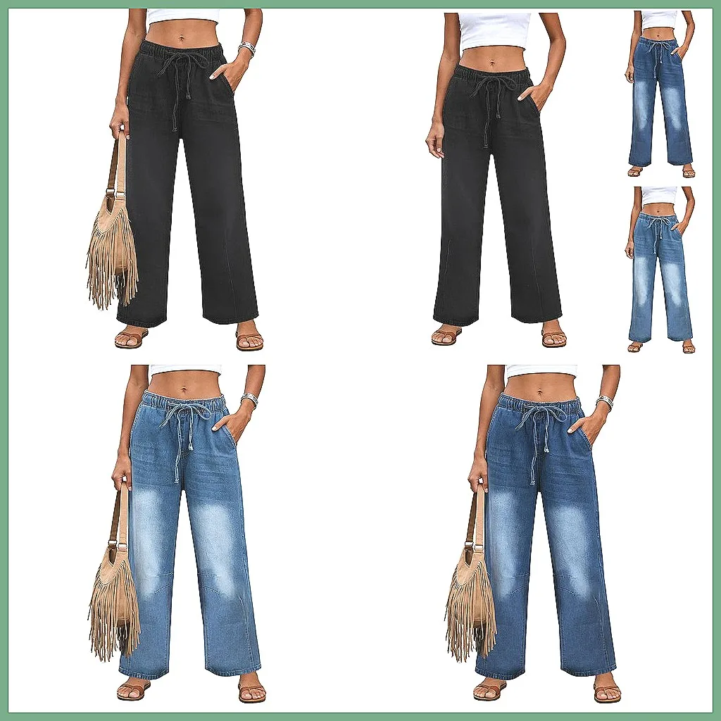 

High Elastic Waist Wide Leg Jeans for Women, Y2K Baggy Denim Pants Casual Trendy Pull On (60 chars)