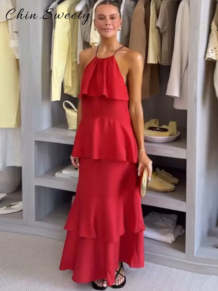 Elegante halter em camadas plissado vestido longo feminino sólido solto sem mangas rendas até vestidos 2025 verão senhora praia férias roupas