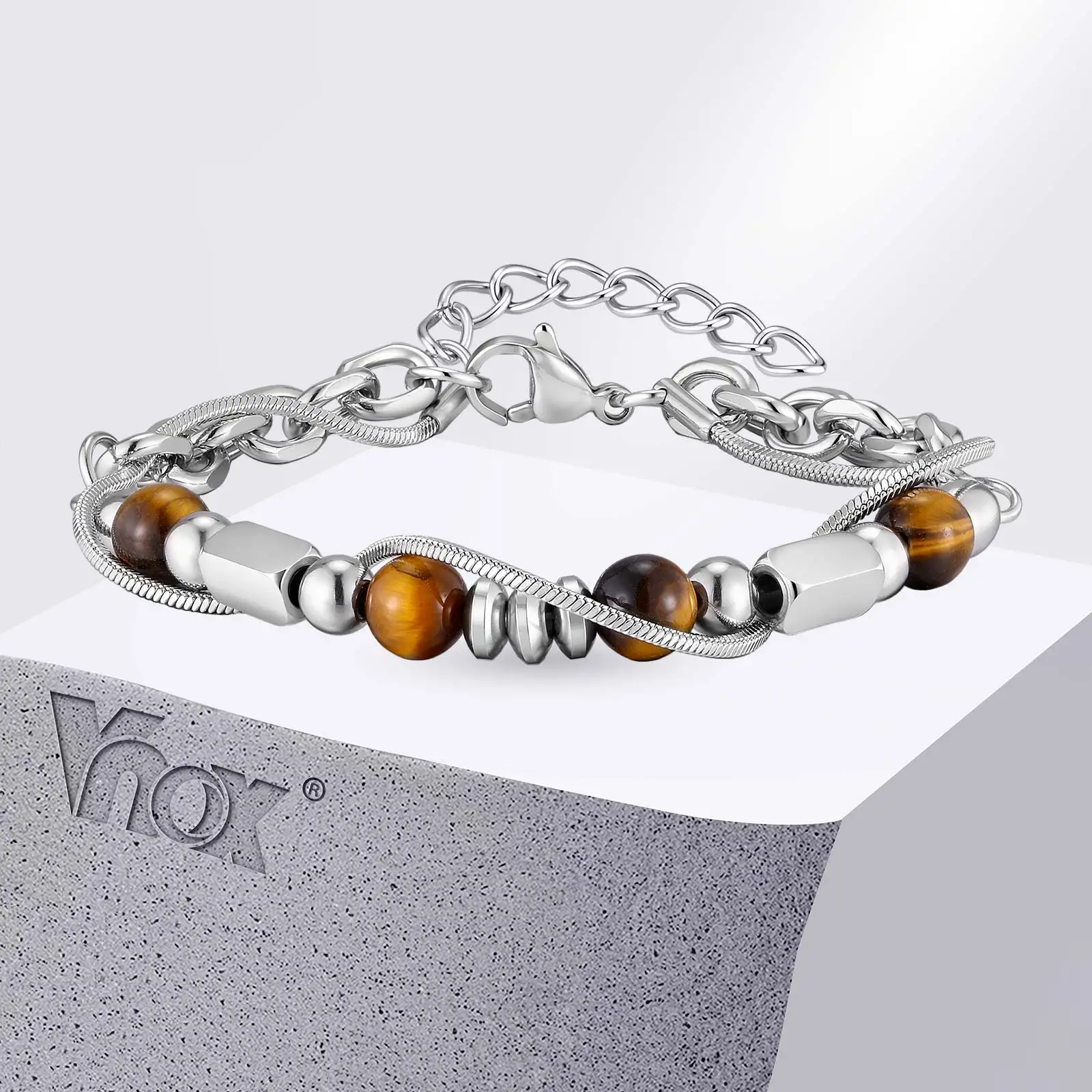Vnox Double Chain Bracelet for Men, Natural Tiger Eye Obsidian Chrysocolla Beads Stainless Steel Adjustable Wrist Jewelry Gift