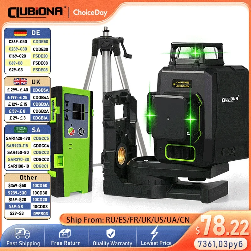 Clubiona CE Certificated 3D New ABS and PC Shell Shockproof Lines Laser Level with 5200mah BATTERY Work Separately Laser Lines