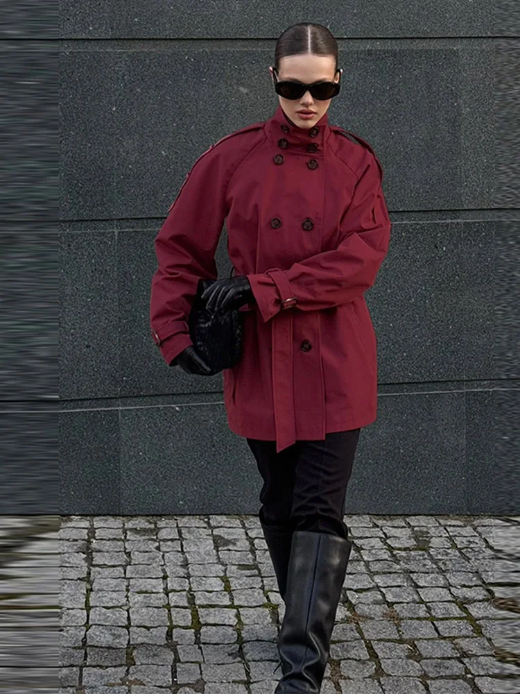 Stehkragen Doppelreihiger Kurzer Trenchcoat mit Gürtel für Damen, Street-Style mit Epauletten, Langarm, Einfarbig, Locker Geschnittene Jacke, Neue Damen-Oberbekleidung – Detail 15