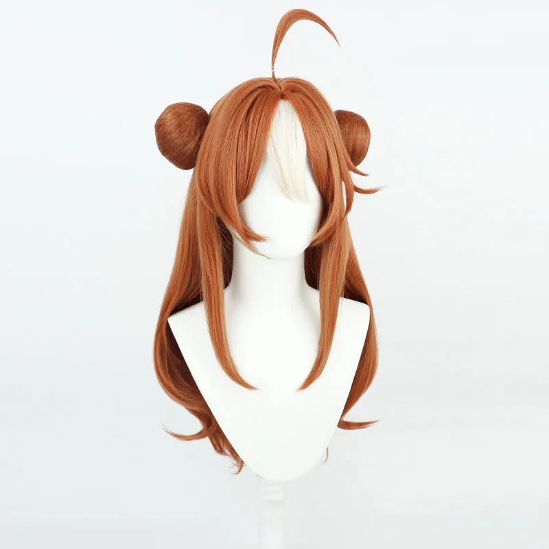 Pretty Derby Copano Rickey Cosplay Wig Umamusume Brown and White Highlighted Fringe Cos Wig Double Buns For Comicon Party Adult