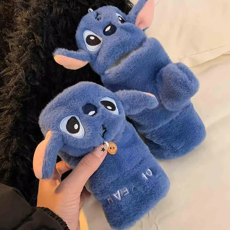 New Disni Stitch Half Finger Gloves for Women Winter Warm Cute Soft Thick Warm Glove Set Children Chrismas Birthday Gifts