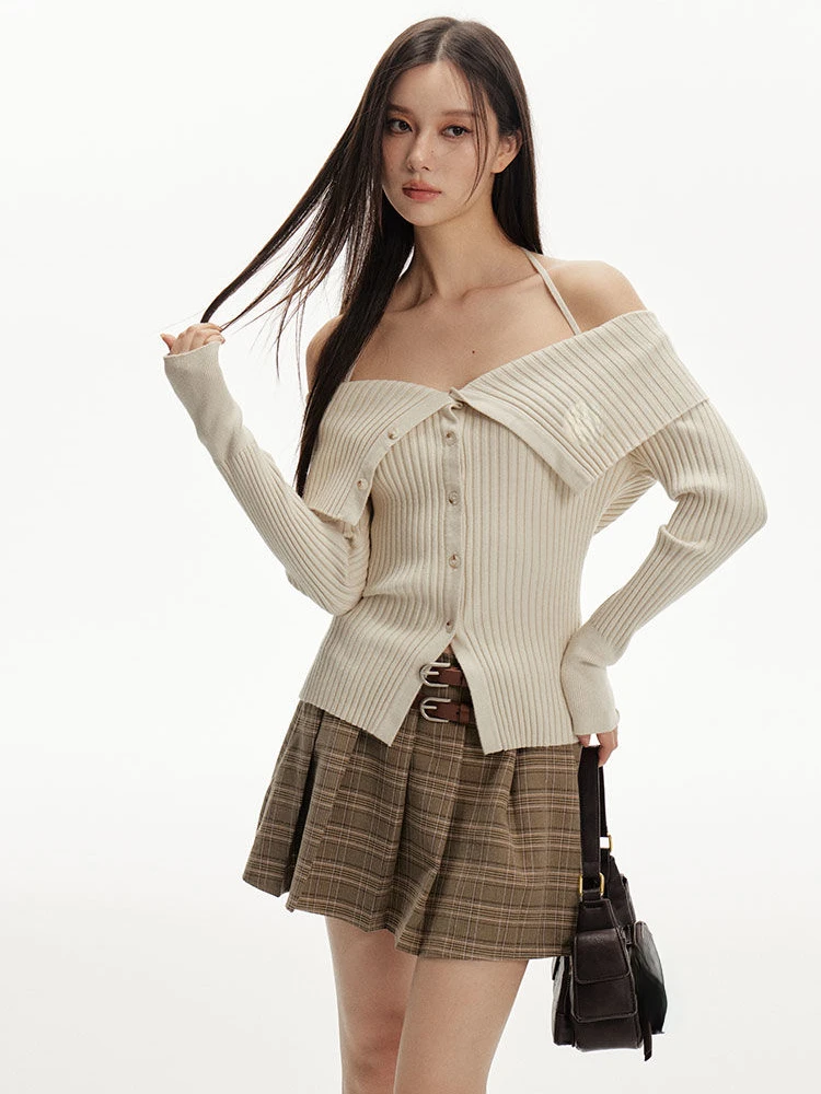 2024 Spring Slash Neck Off Shoulder Women Cardigans Y2k Aesthetic Slim Vintage Sweaters Trendy Bandage Halter Knitwear Female