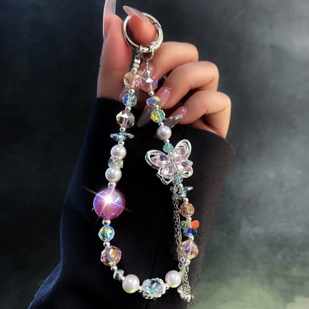 

Ремешок для телефона с кристаллами и жемчугом в виде бабочки, цепочка на запястье, шнурок для мобильного телефона, защита от потери, ручной держатель