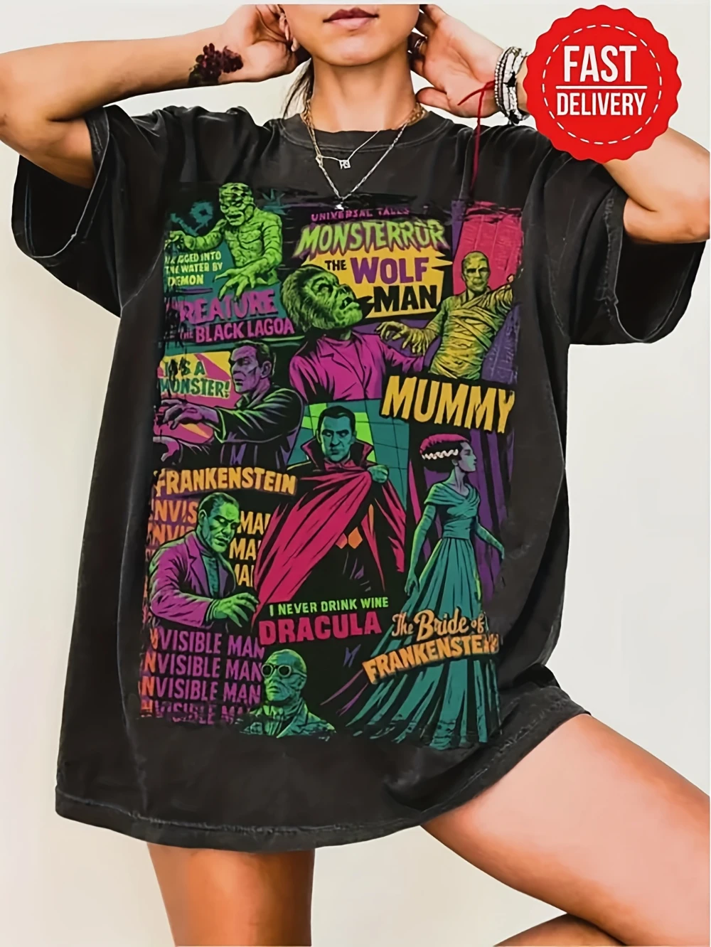 Large Print Eternal Monster T-shirt | Round Neck, Regular Version Suitable for All Seasons, Preferred for Both Men and Women