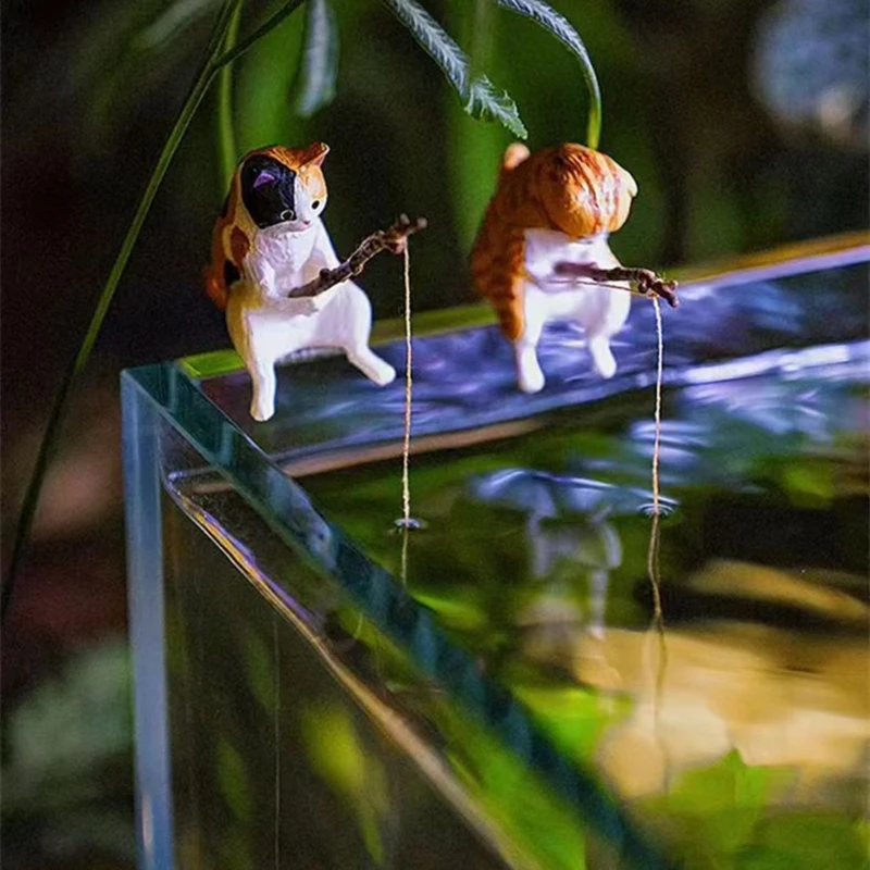Fishing Cat Ornaments Aquarium Decoration Fish Landscaping Cartoon Cat Statue Mini Resin Figurine Home Decorations