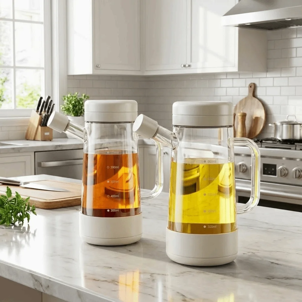 Botella de aceite de vidrio de 700 ML, botella de aceite por gravedad de gran capacidad a prueba de fugas, resistente al calor con asa, olla para salsa de soja, cocina