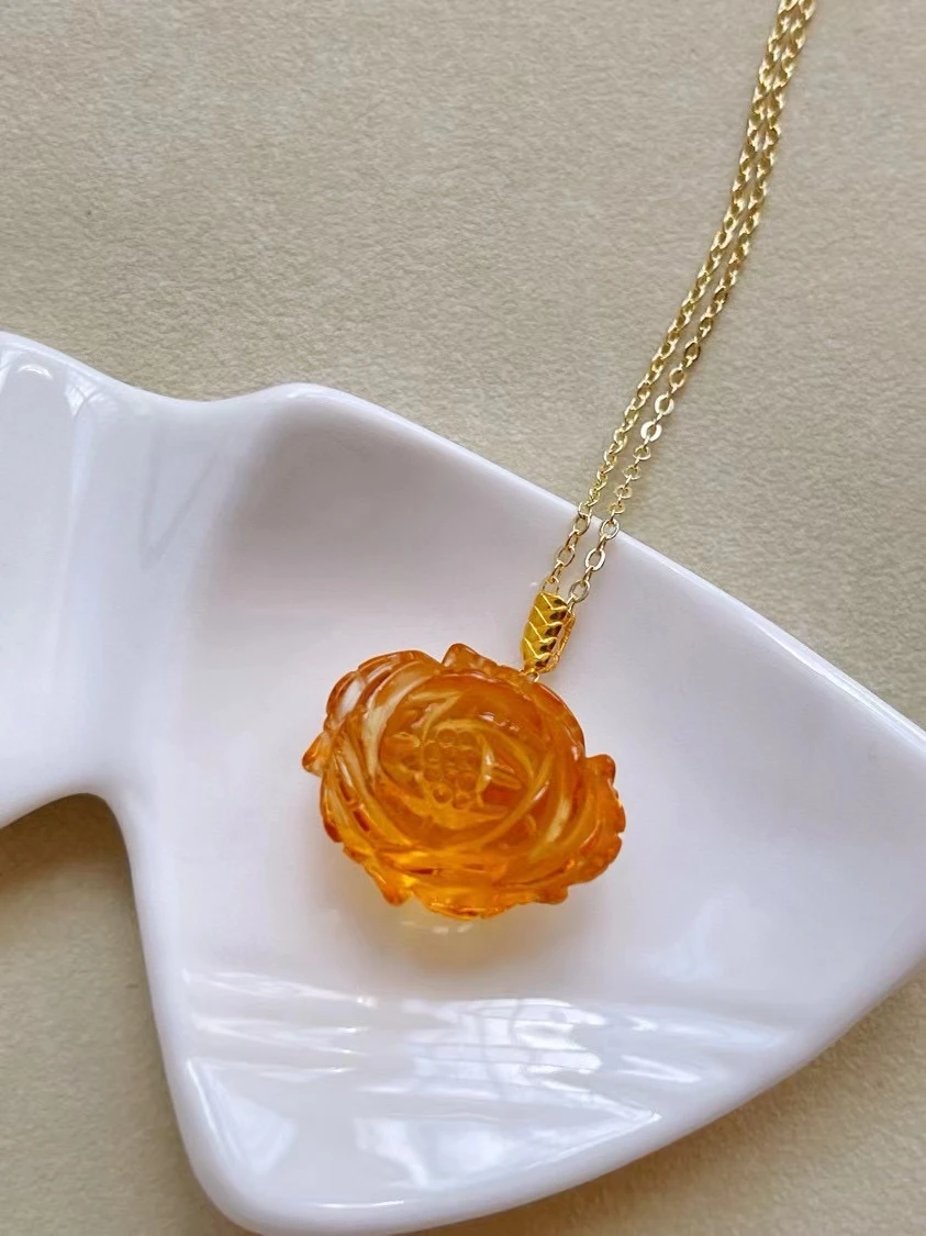 Natural Yellow Citrine Quartz Flower Pendant Brazil Women Jewelry 17.6*21.8mm Citrine Beads Necklace AAAAA