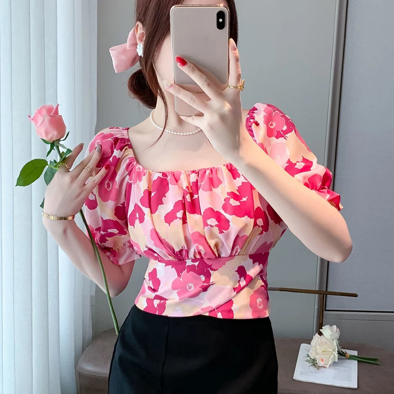 Lucyever 2022 Summer Print Chiffon Blouse Women Korean Square Neck Bandage Cropped Shirts Woman White Ruched Short Sleeve Blusas