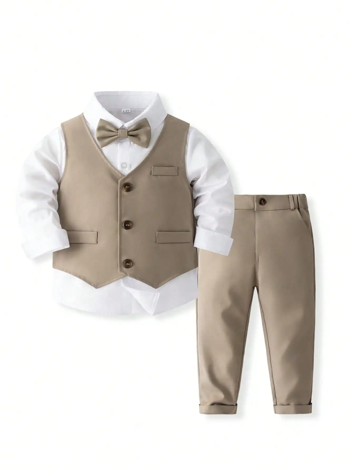 

3-Piece Formal Suit Set for Boys: White Shirt, Beige Vest & Pants