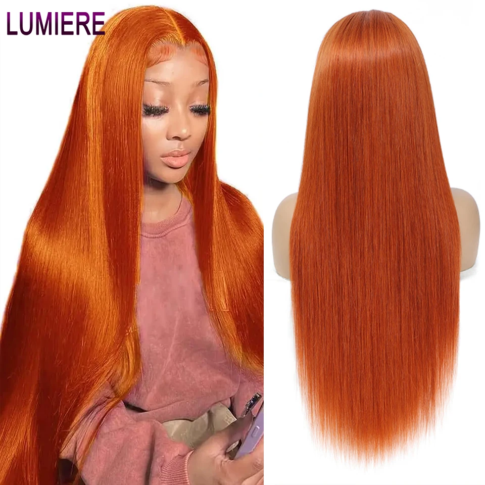 Lumiere-Laranja Gengibre Lace Frontal Perucas para Mulheres, Reta Transparente HD, Pré Arrancado com Cabelo Do Bebê, 13x4