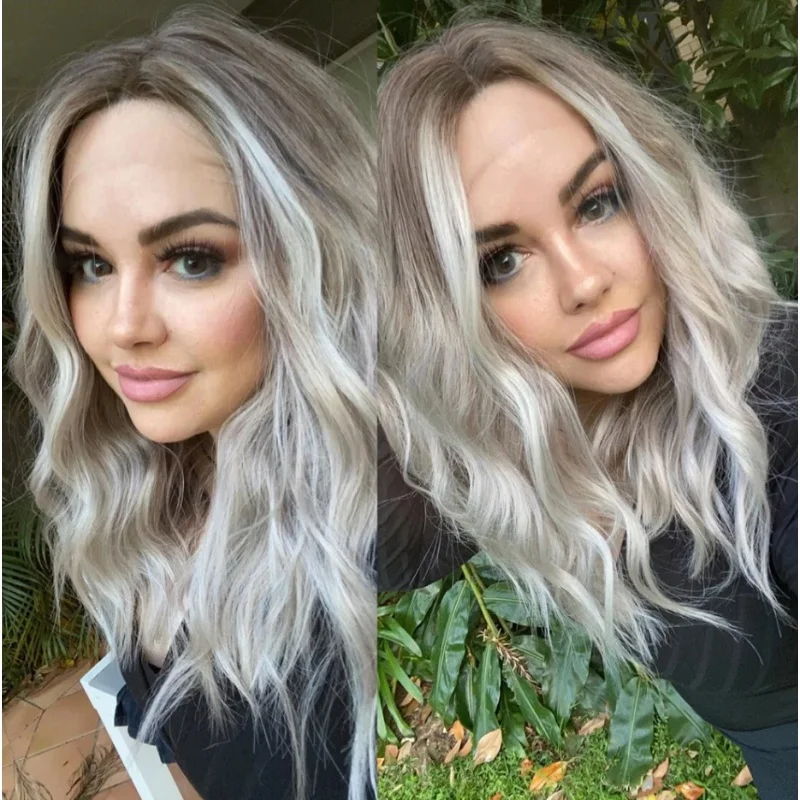 

Wig Dark Roots Ash Platinum Layered Ombre Balayage Curly Lace Front Wavy Synthetic Lace Front Wig White Platinum Body Wave Wig