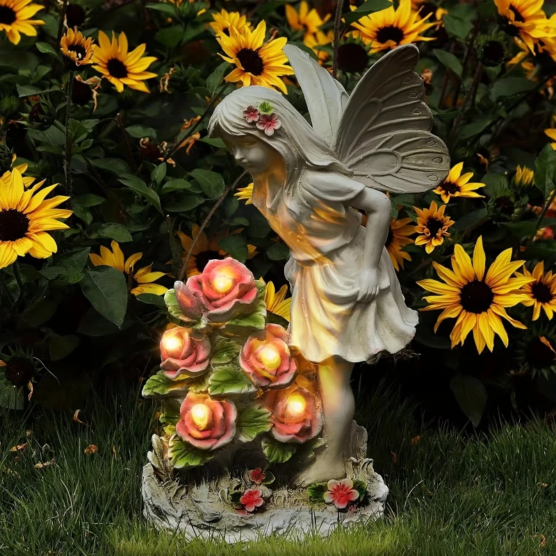 Solar Garden Outdoor Statue Decoration, Statue Angel Garden Statue, Resin Flower Fairy Station Flower Statue Light Decoration