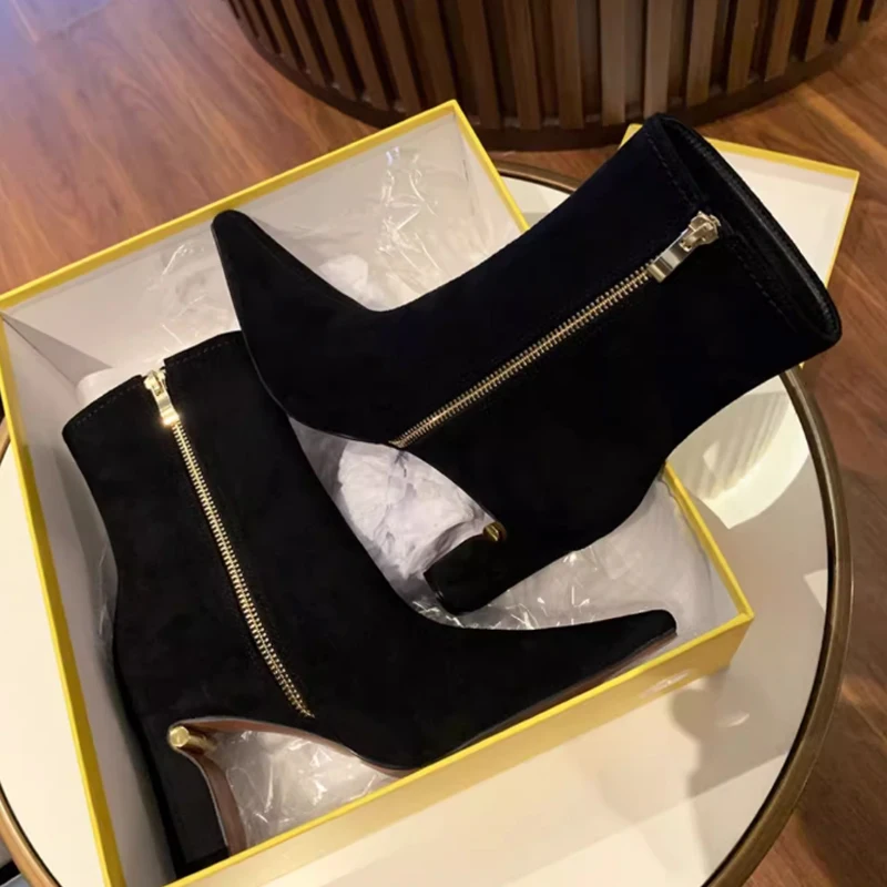 

Black Suede Square Toe Side Zipper Ankle Boots Woman Winter 2026 Sewing Thread Chunky Heels Mid-Calf Boots Fashion Shoes