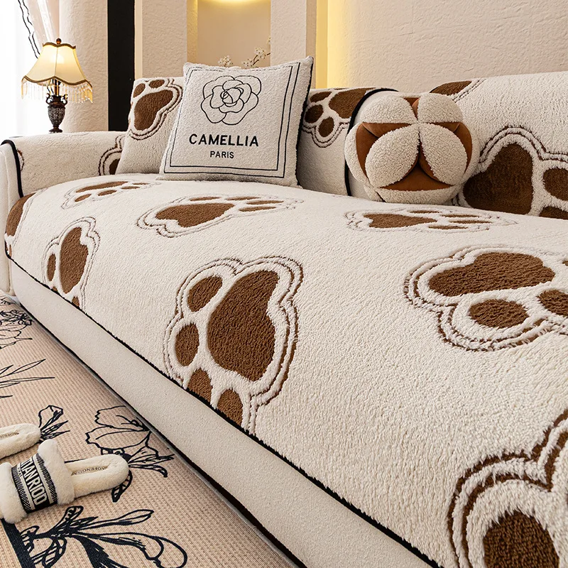 Cartoon Dog Claw Pattern Jacquard Sofa Cushion Lovely Thick Plush Sofa Cover for Autumn Winter Pet Friendly Non-Slip Dust Cover