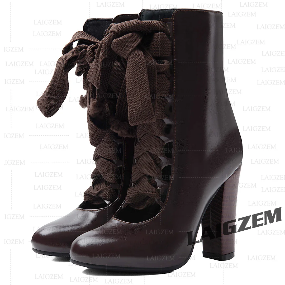 LAIGZEM Women Ankle Boots Round Toe Thick High Heels Zip Up Faux Leather Short Boots Handmade Shoes Woman Large Size 39 42 47 52