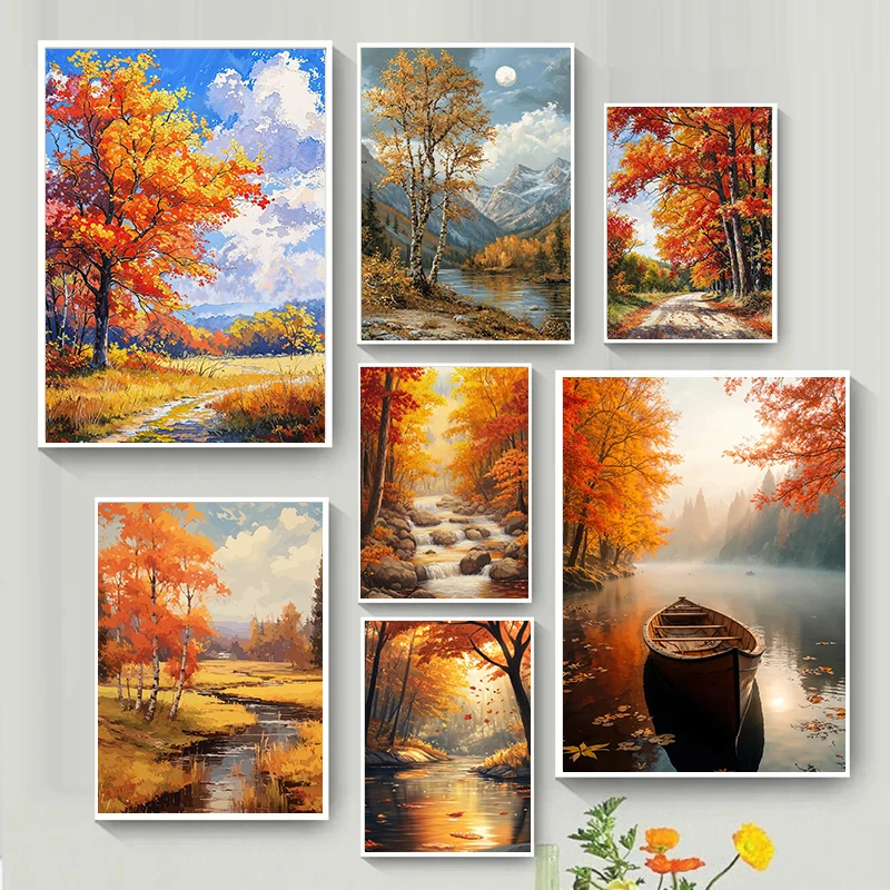 Autumn Maple Grove and Lake  Painting Poster High Definition Wall Painting Picture Printing Living Room Bedroom Home Decor