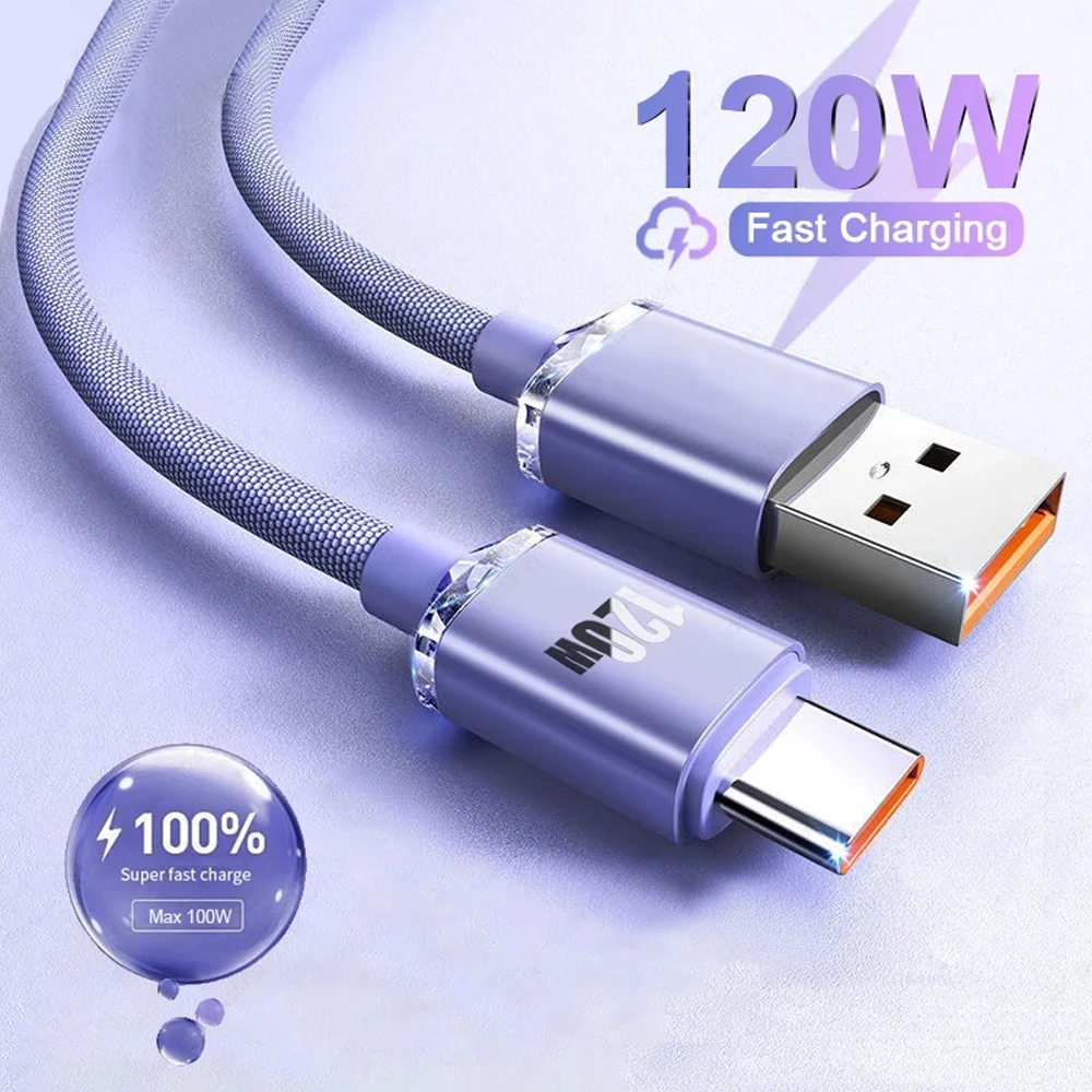 

120W 6A USB C Fast Charging Cable Mobile Phone Braided Type C Data Cord For Xiaomi 12 Huawei P40 POCO Oneplus 0.25m/1m/1.5m/2m