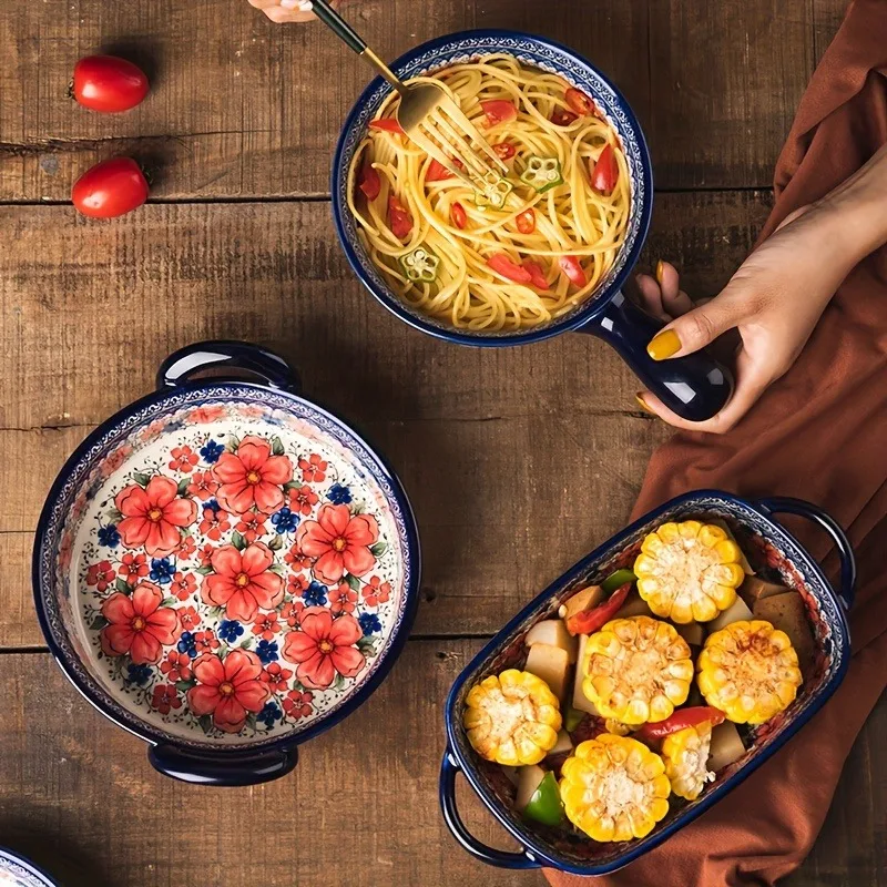 Practical Ceramic Oven Trays, with Handles And Hand-Painted Floral Designs, Suitable for Various Cooking Needs, Perfect for Dail