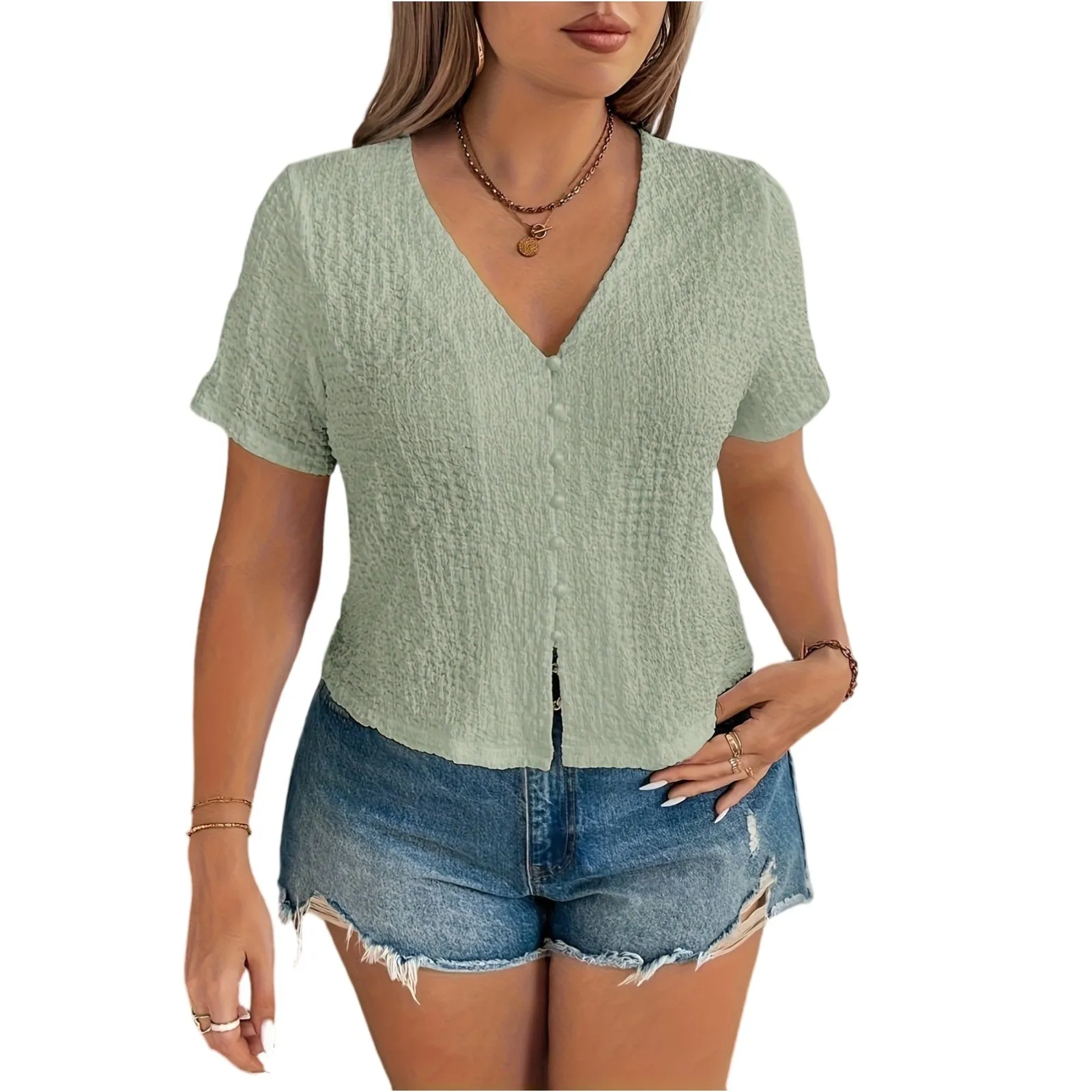 

Plus Size Solid Color V-Neck Short Sleeved T Shirt Women Fashion Summer Matching Casual Rib-knit Tee Tops Femal