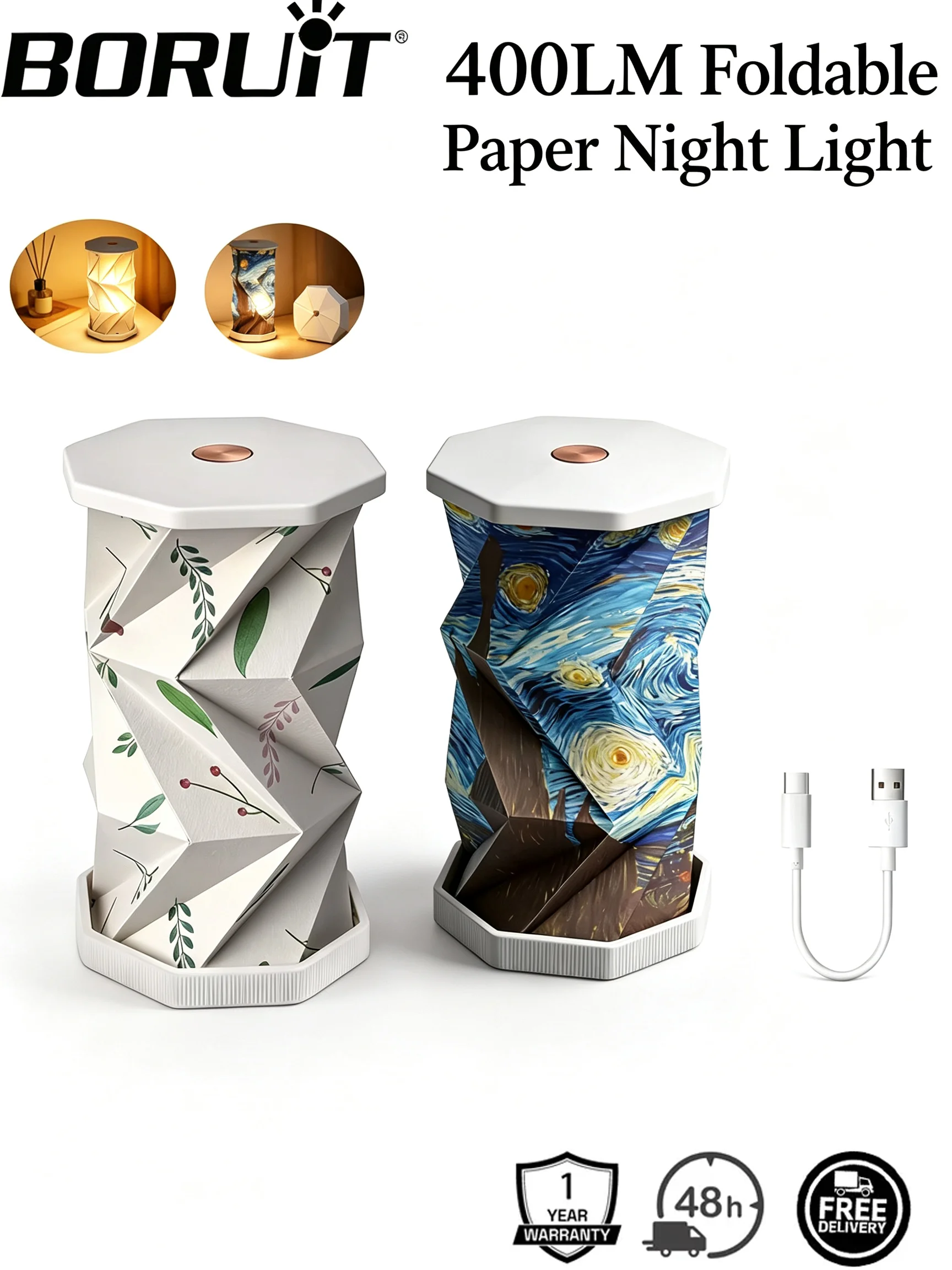 BORUiT Portable Mini Paper Lantern Night Light USB Rechargeable Foldable Book Lamp for Bedroom Decor Living Room Birthday gifts