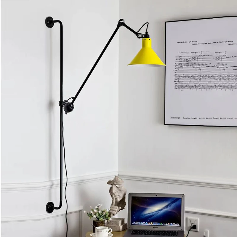 

Vintage LED Wall Lamp Rotatable Metal Reading Sconce Black Red Yellow Lampshade For Foyer Bedroom Hotel Room E27 Bulb With Plug