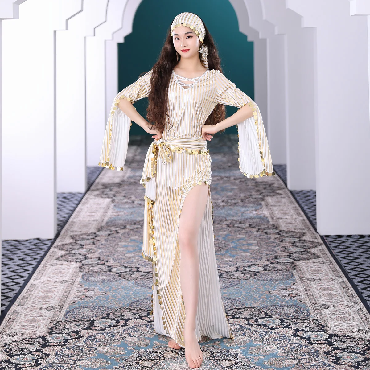 

1set/lot woman fashion baladi belly dance dress lady striped print belly dance performance dress