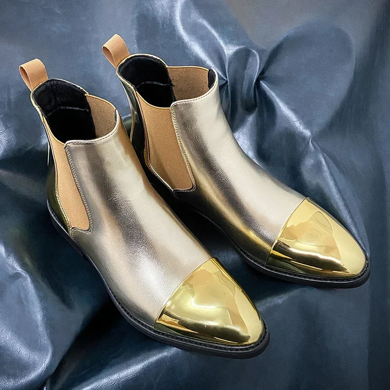 

Gold Chelsea Boots Men PU High Top Ankle Boots Round Toe Fashion Nightclub Hair Stylist Boots Classic Rock Style