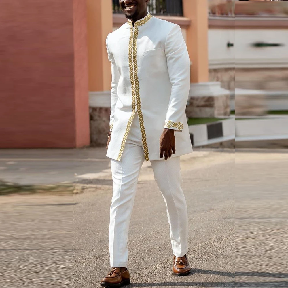 White Kaftan Men's Suit Embroidery Floral Top Pants Kaunda Suit African Casual Outfits Wear Traditional 2PCS Set Wedding Tuxedo