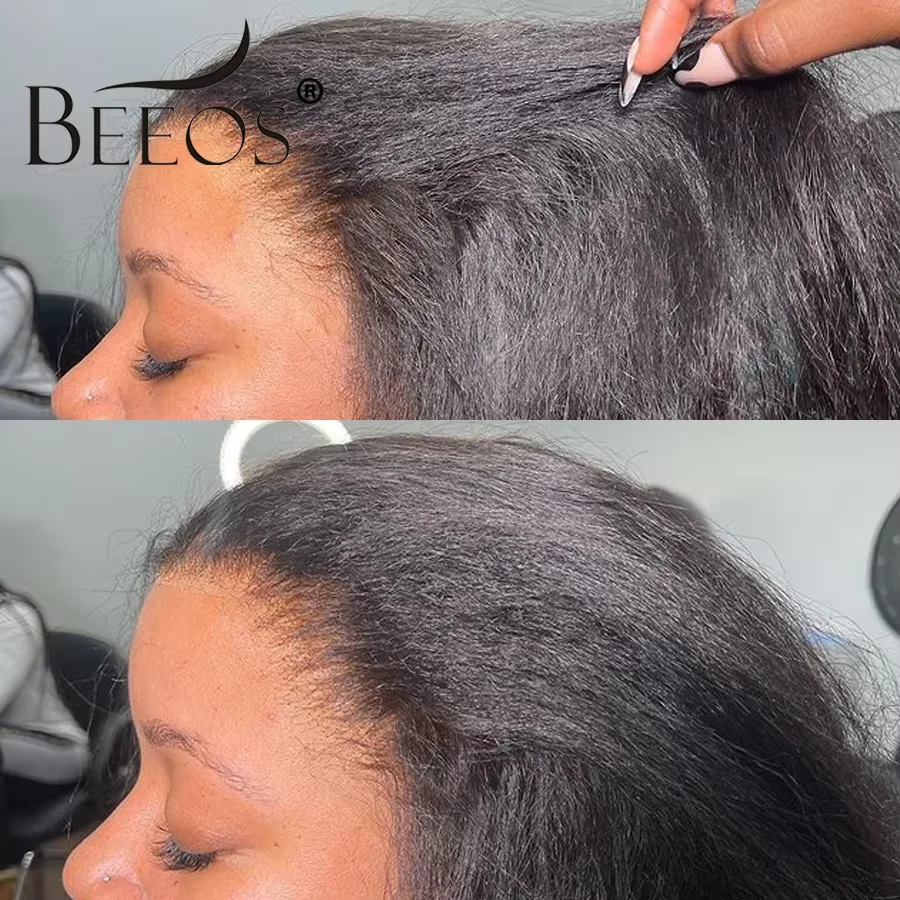 Beeos kinky em linha reta frente do laço perucas de cabelo humano para as mulheres cabelo cru brasileiro yaki em linha reta peruca frontal do laço cabelo humano 200% 250%