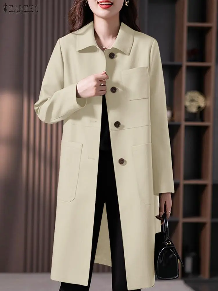 Damskie płaszcze typu trencz w stylu vintage 2025 ZANZEA Jesień Eleganckie płaszcze robocze w stylu OL Stylowe, jednolite, wiatroodporne długie płaszcze z długim rękawem i kołnierzem.