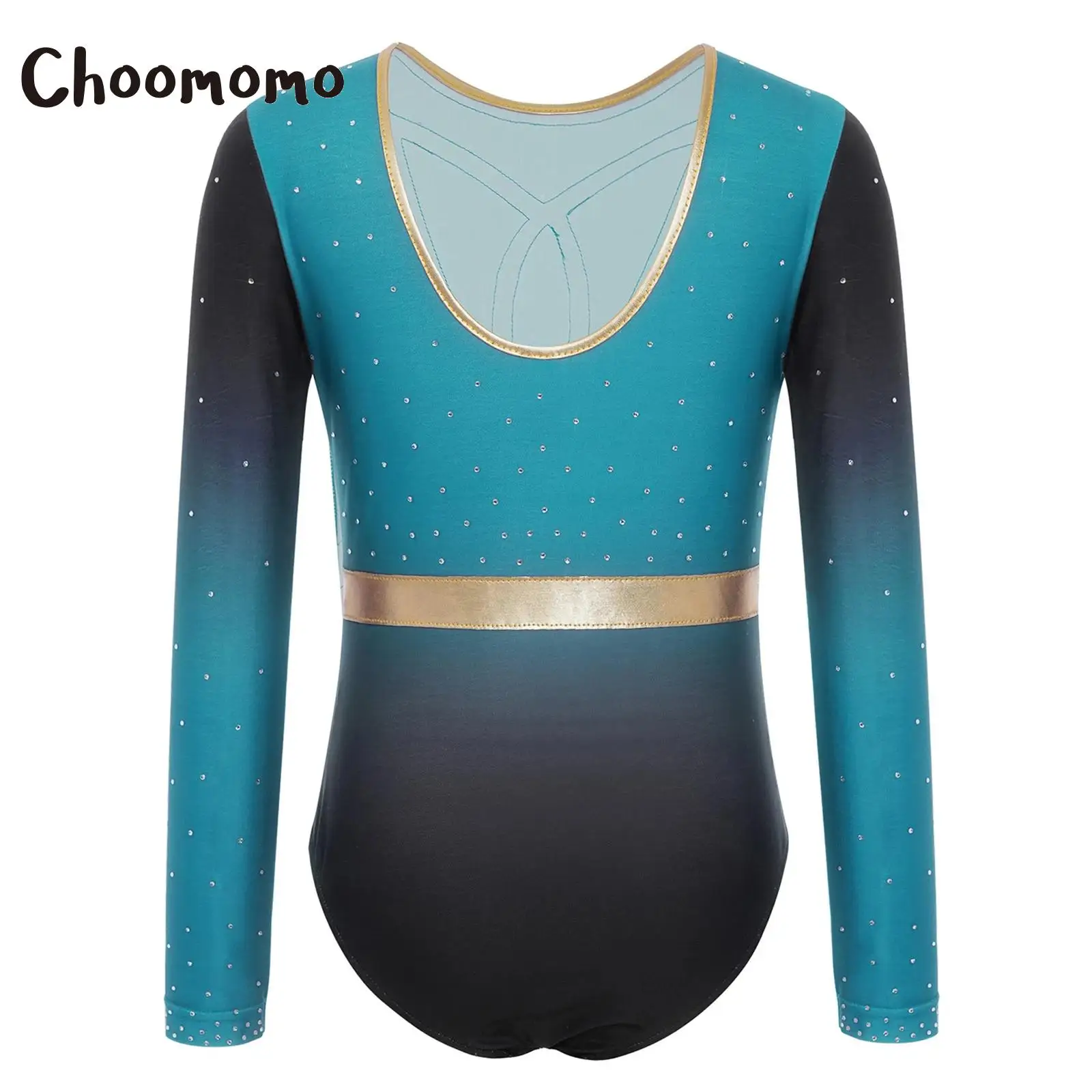 

Kids Girls Gymnastics Ballet Leotard Figure Skating Round Neck Long Sleeve Shiny Rhinestones Performance Bodysuit