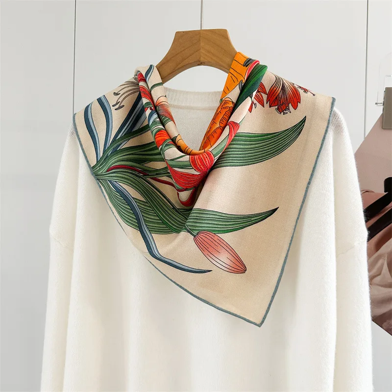 

Flower Silk Wool Blend Scarf 65CM Hand Rolled Edges Scarfs Luxury Designer Scarfs Keep Warm Shawl Stole Christmas Gift