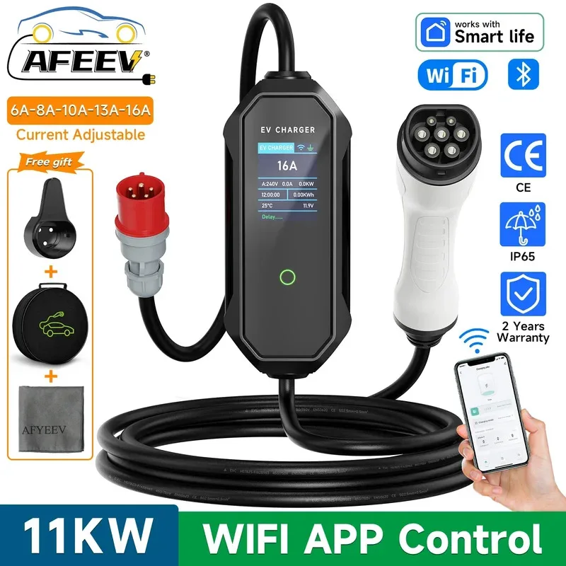 

Type 2 Portable EV Charger 11KW 16A 3Phase Wallbox IEC62196-2 EVSE Fast Charging Cable CEE Plug WIFI APP Bluetooth Control
