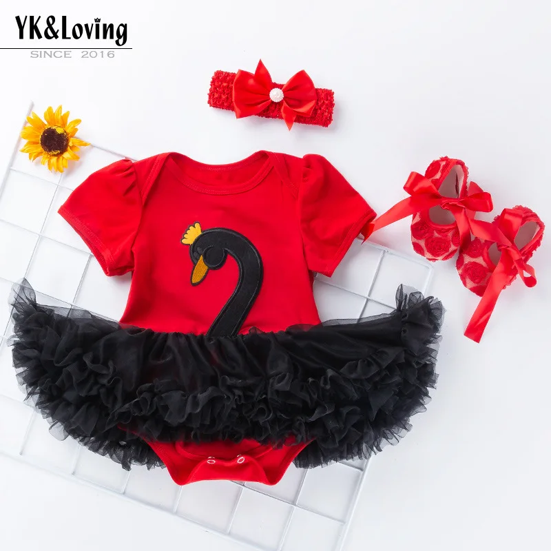 

Summer New Baby Girl Swan Short Sleeve Romper Dress Shoes Hair Accessories Three-Piece Set Infant Children's Clothing