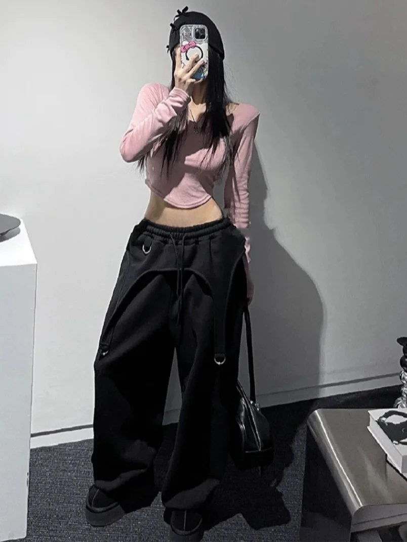 Retro Design Metal Bule Casual Pants Long Trousers Pure Color Women's Autumn Winter New Sle Asymmetric Sweatpants