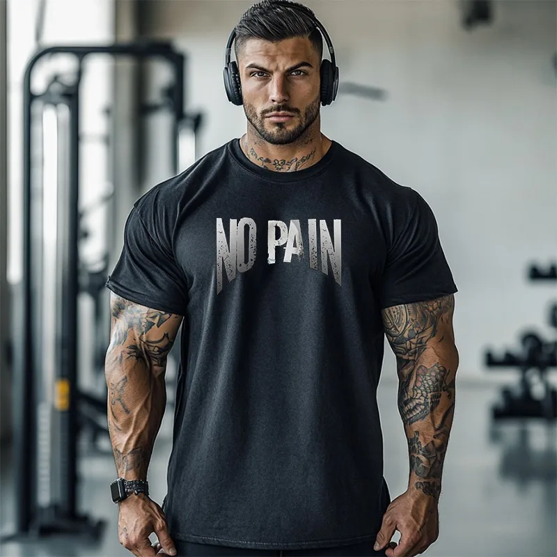 

T-shirt Gym Short Sleeve O-neck No-Pain No Gain Fitness Washed Acid Tops Outfits High Quality Men's Clothes 2025 Oversized